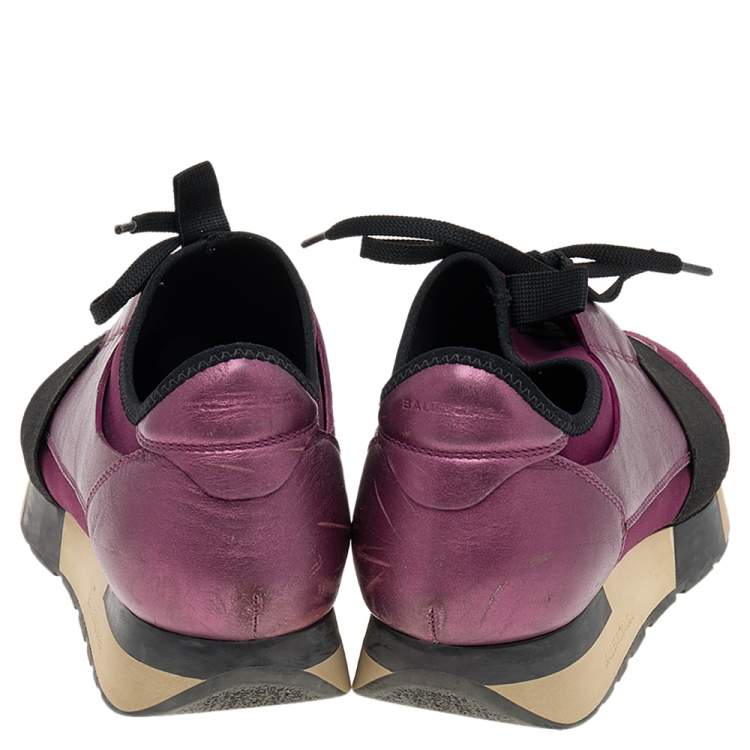 Pre Owned Balenciaga Purple/Black Neoprene And Leather Race Runner Sneakers Size 39