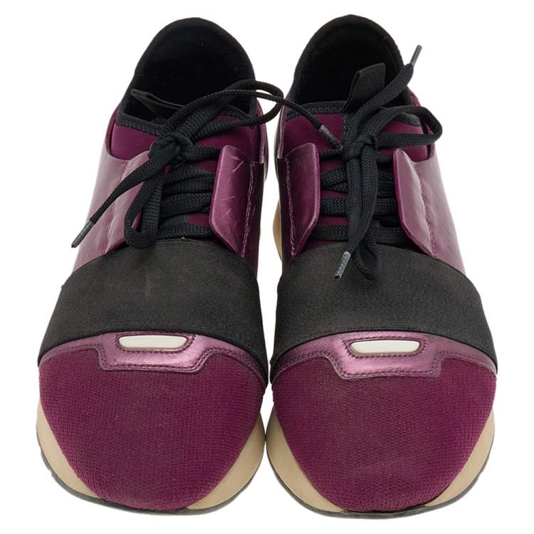 Pre Owned Balenciaga Purple/Black Neoprene And Leather Race Runner Sneakers Size 39