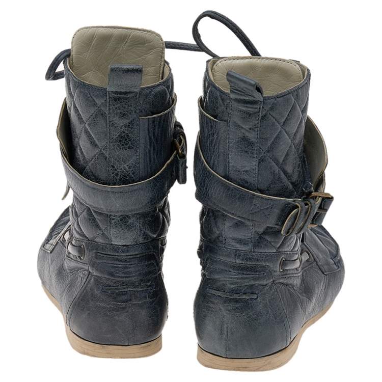 Pre Owned Balenciaga Dark Grey Leather Lace Up Ankle Boots Size 38.5