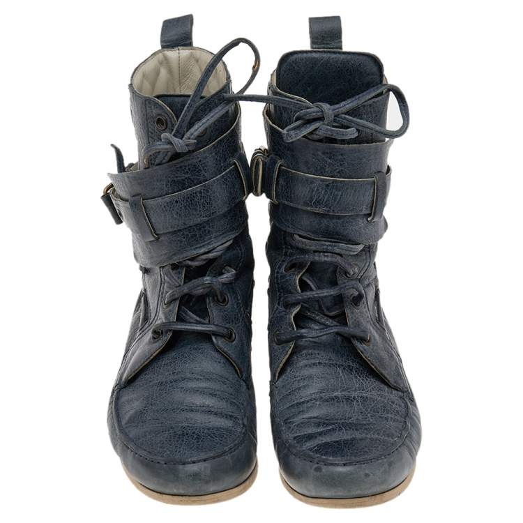 Pre Owned Balenciaga Dark Grey Leather Lace Up Ankle Boots Size 38.5