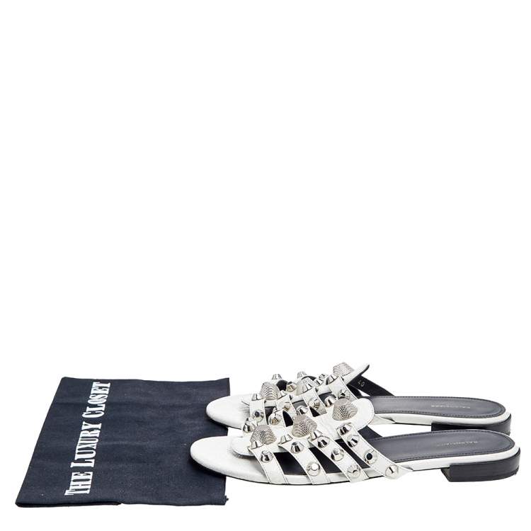 Pre Owned Balenciaga White Leather Arena Giant Studded Flat Slides Size 40