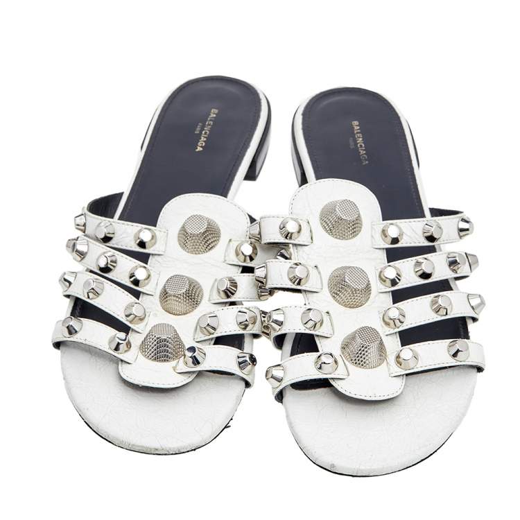 Pre Owned Balenciaga White Leather Arena Giant Studded Flat Slides Size 40