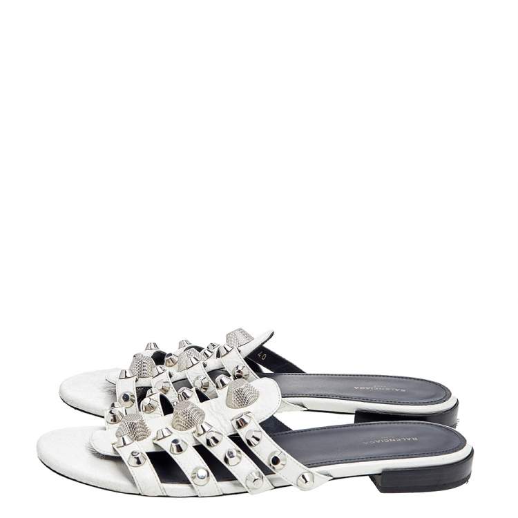 Pre Owned Balenciaga White Leather Arena Giant Studded Flat Slides Size 40