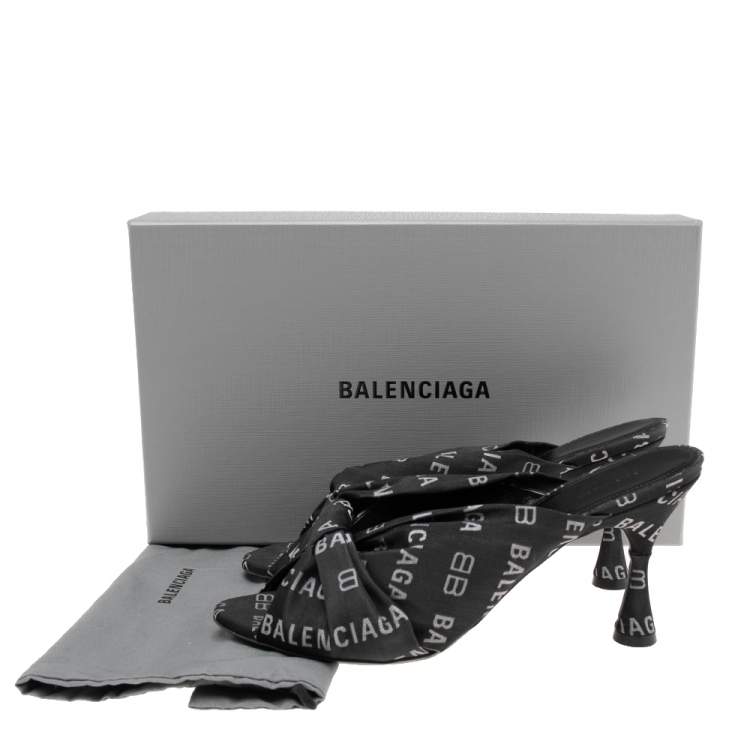 Pre Owned Balenciaga Black/White Logo Jacquard Fabric Drapy Mules Size 39.5