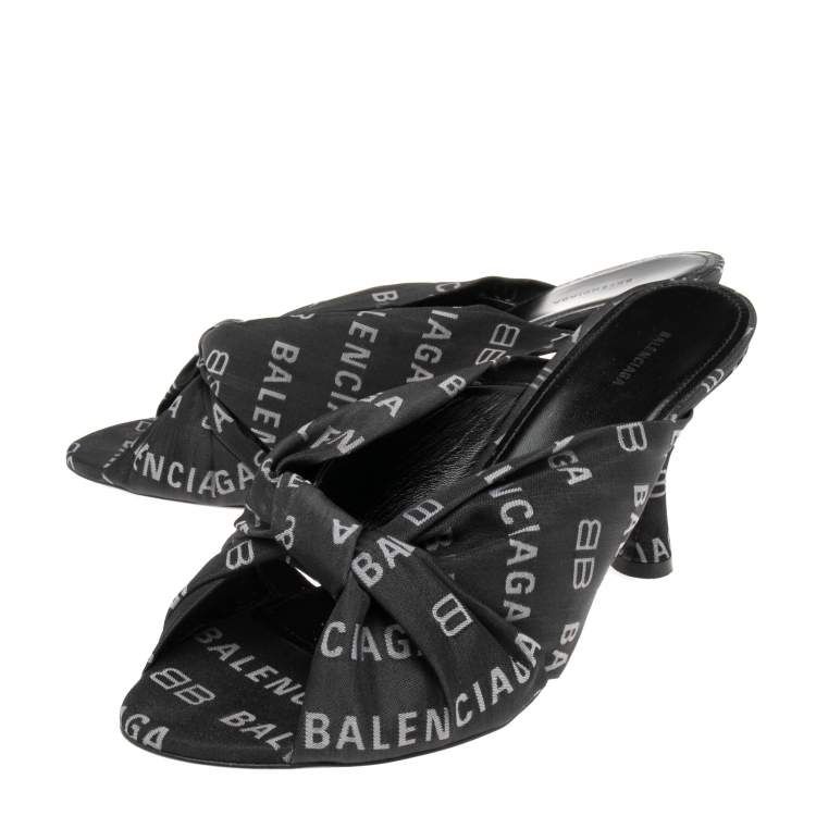 Pre Owned Balenciaga Black/White Logo Jacquard Fabric Drapy Mules Size 39.5