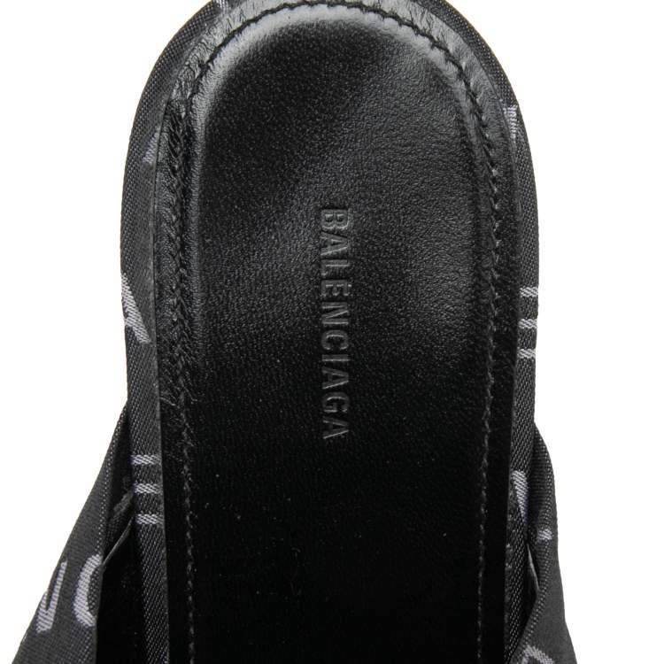Pre Owned Balenciaga Black/White Logo Jacquard Fabric Drapy Mules Size 39.5