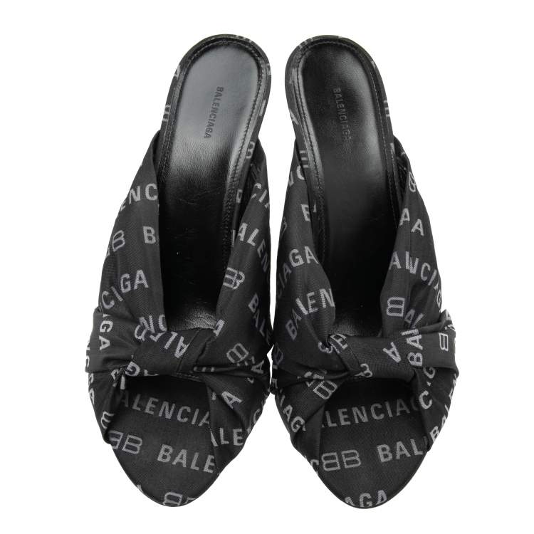 Pre Owned Balenciaga Black/White Logo Jacquard Fabric Drapy Mules Size 39.5