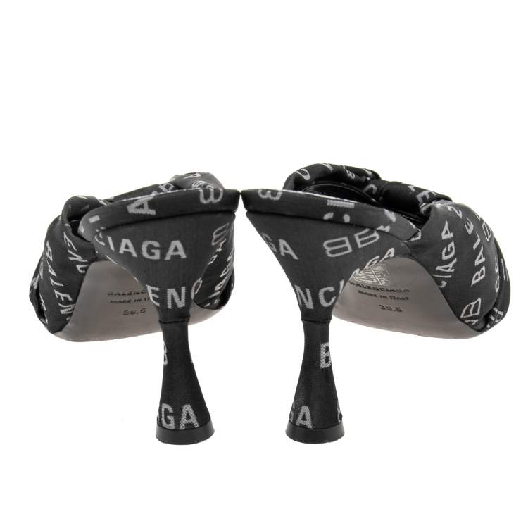 Pre Owned Balenciaga Black/White Logo Jacquard Fabric Drapy Mules Size 39.5