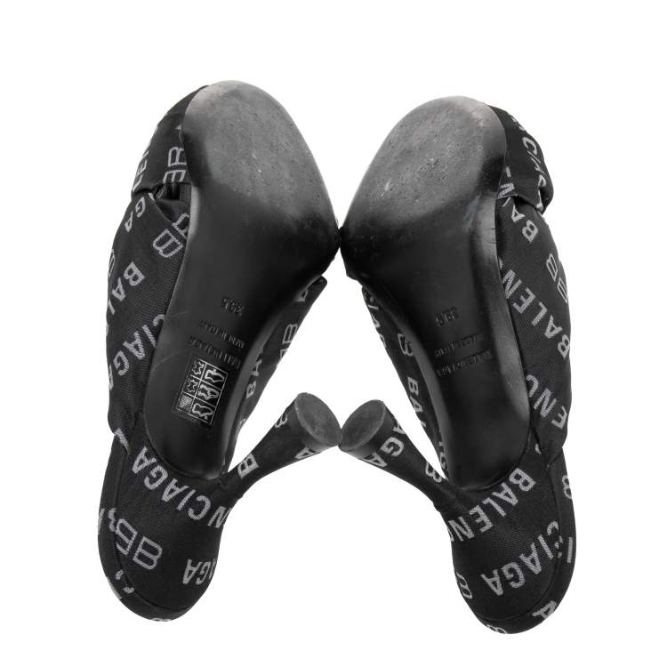 Pre Owned Balenciaga Black/White Logo Jacquard Fabric Drapy Mules Size 39.5
