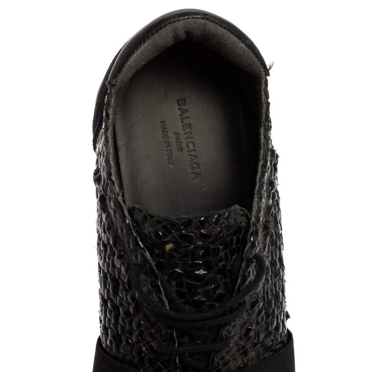 Pre Owned Balenciaga Black Woven Patent Leather Race Runner Low-Top Sneakers Size 37
