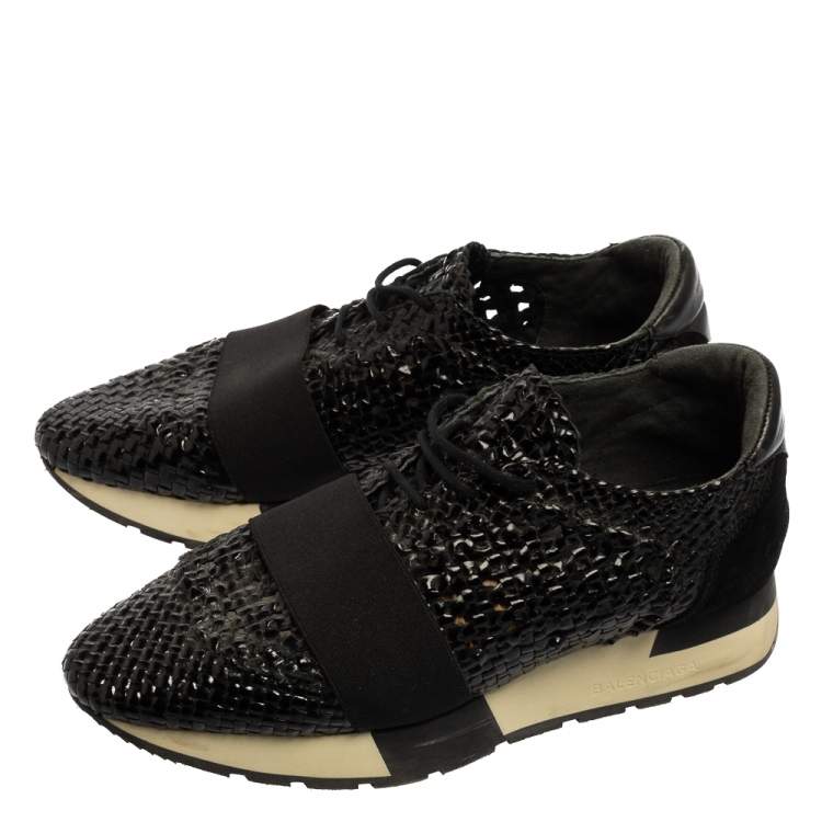 Pre Owned Balenciaga Black Woven Patent Leather Race Runner Low-Top Sneakers Size 37
