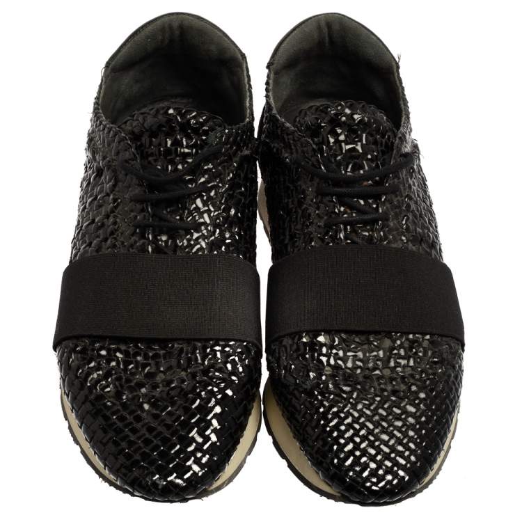 Pre Owned Balenciaga Black Woven Patent Leather Race Runner Low-Top Sneakers Size 37