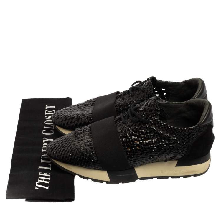 Pre Owned Balenciaga Black Woven Patent Leather Race Runner Low-Top Sneakers Size 37