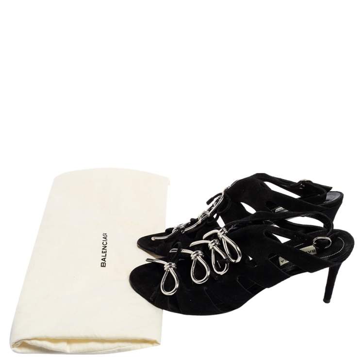 Pre Owned Balenciaga Black Suede  Caged Boulce Bow Ankle Strap Sandals Size 38