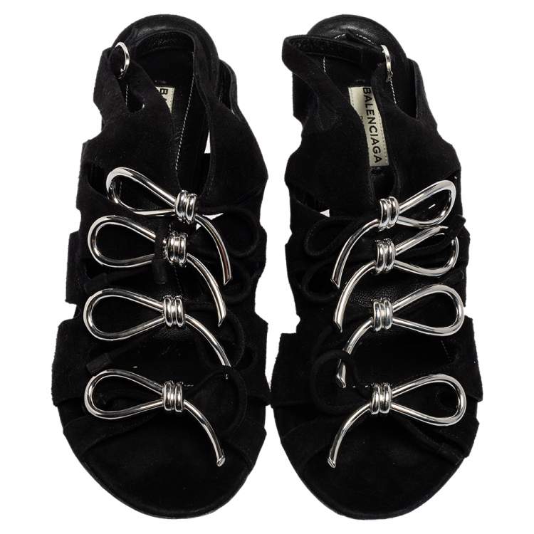 Pre Owned Balenciaga Black Suede  Caged Boulce Bow Ankle Strap Sandals Size 38