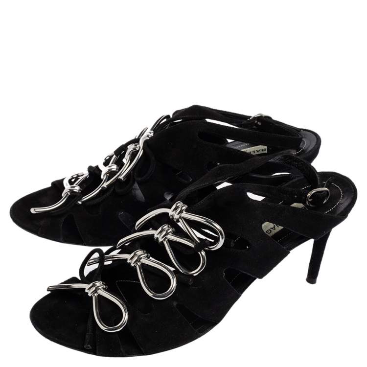 Pre Owned Balenciaga Black Suede  Caged Boulce Bow Ankle Strap Sandals Size 38