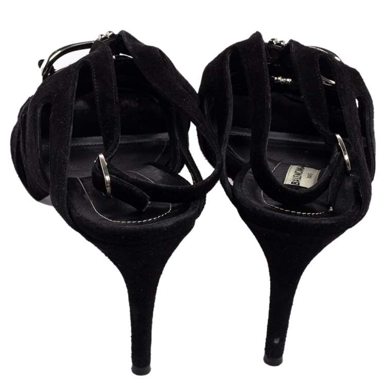 Pre Owned Balenciaga Black Suede  Caged Boulce Bow Ankle Strap Sandals Size 38