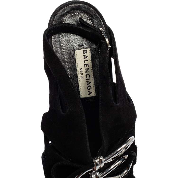 Pre Owned Balenciaga Black Suede  Caged Boulce Bow Ankle Strap Sandals Size 38