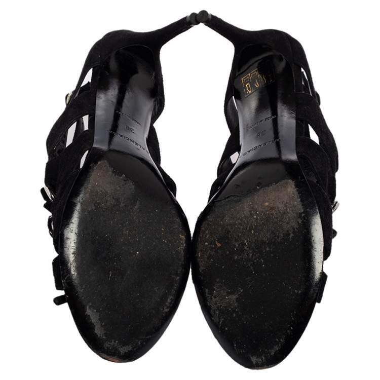 Pre Owned Balenciaga Black Suede  Caged Boulce Bow Ankle Strap Sandals Size 38