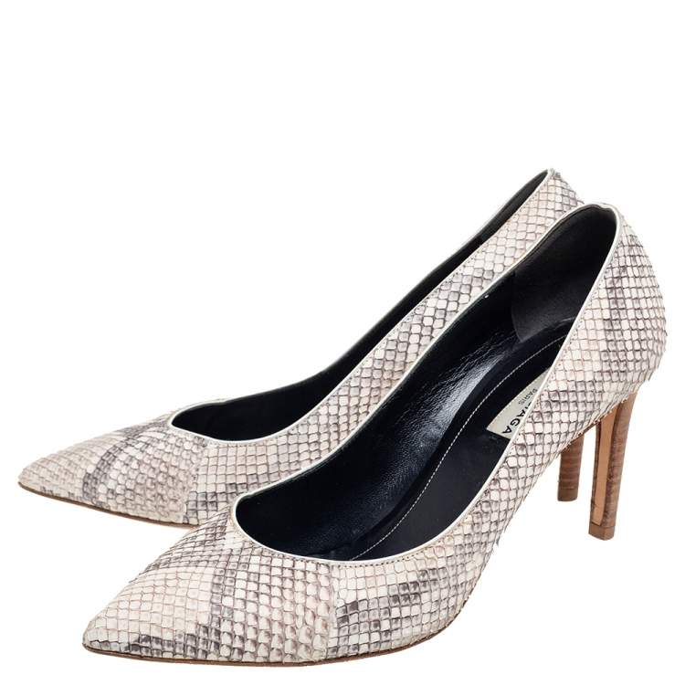 Pre Owned Balenciaga Beige/Grey Python Leather Pointed-Toe Pumps Size 37