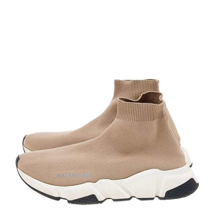 Pre Owned Balenciaga Beige Knit Fabric Speed Trainer High Top Sneakers Size 37