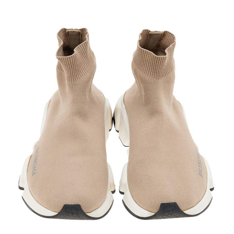 Pre Owned Balenciaga Beige Knit Fabric Speed Trainer High Top Sneakers Size 37