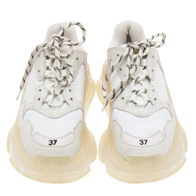 Pre Owned Balenciaga White Leather And Mesh Triple S Clear Sneakers Size 37