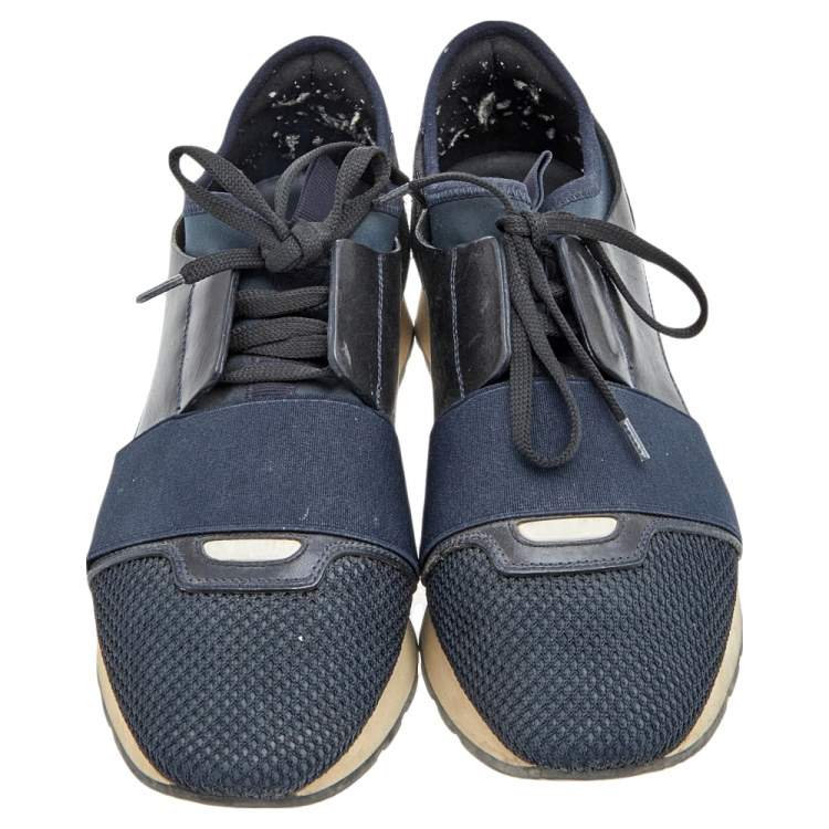 Pre Owned Balenciaga Black/Blue Leather And Mesh Race Runner Sneakers Size 38