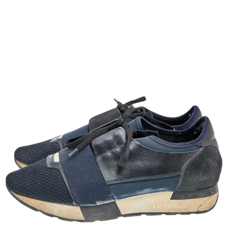Pre Owned Balenciaga Black/Blue Leather And Mesh Race Runner Sneakers Size 38