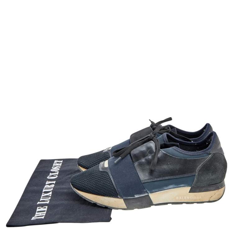 Pre Owned Balenciaga Black/Blue Leather And Mesh Race Runner Sneakers Size 38