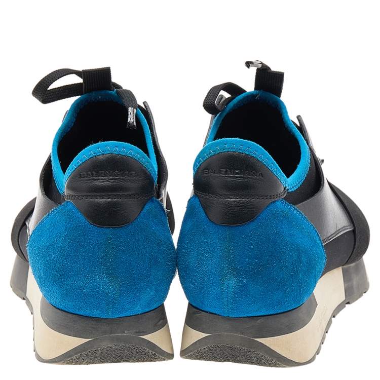 Pre Owned Balenciaga Black/Blue Leather And Mesh Race Runner Sneakers Size 39