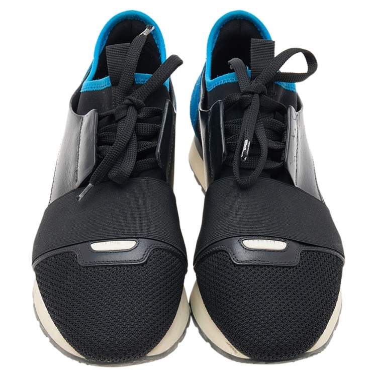 Pre Owned Balenciaga Black/Blue Leather And Mesh Race Runner Sneakers Size 39