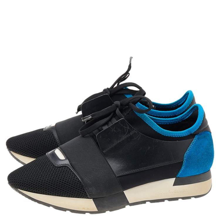 Pre Owned Balenciaga Black/Blue Leather And Mesh Race Runner Sneakers Size 39