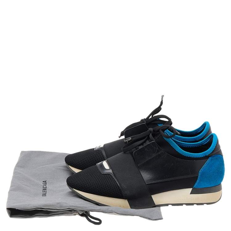 Pre Owned Balenciaga Black/Blue Leather And Mesh Race Runner Sneakers Size 39