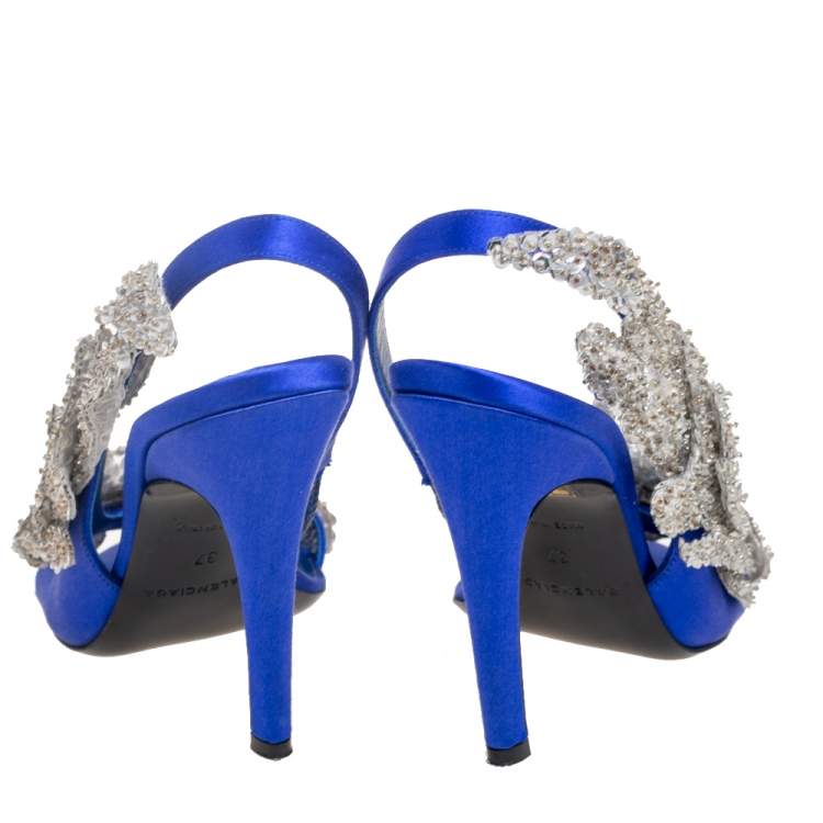 Pre Owned Balenciaga Blue Satin Crystal Embellished Slingback Sandals Size 37
