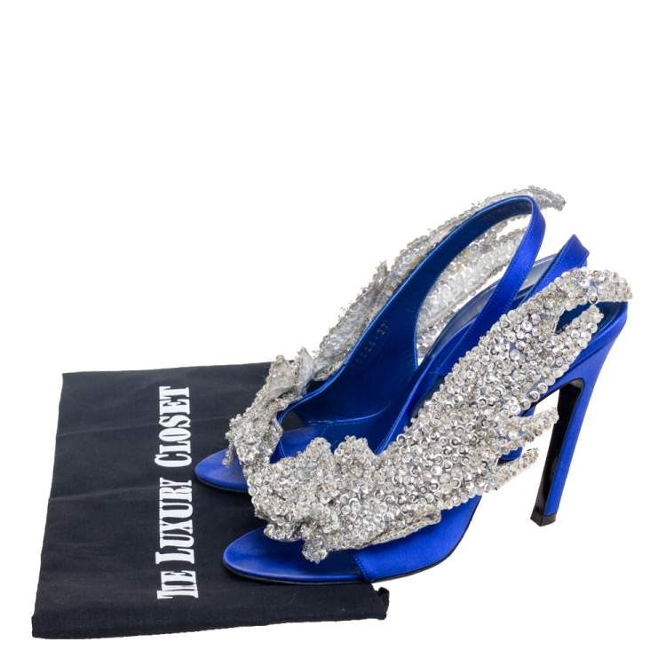 Pre Owned Balenciaga Blue Satin Crystal Embellished Slingback Sandals Size 37