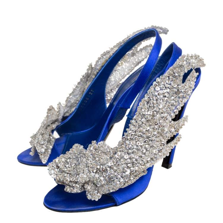 Pre Owned Balenciaga Blue Satin Crystal Embellished Slingback Sandals Size 37