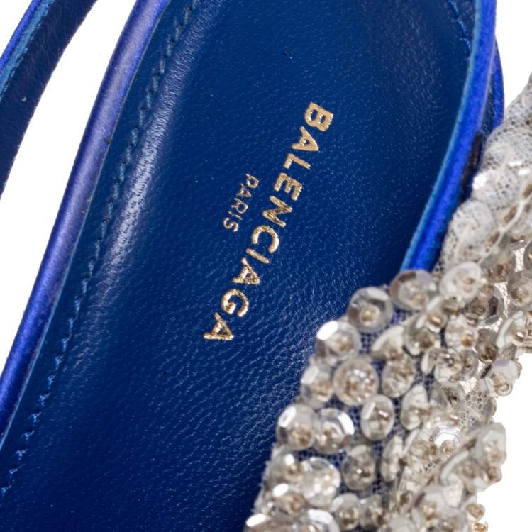 Pre Owned Balenciaga Blue Satin Crystal Embellished Slingback Sandals Size 37