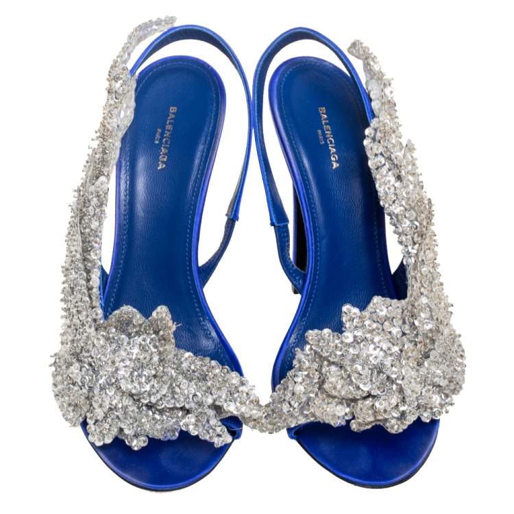 Pre Owned Balenciaga Blue Satin Crystal Embellished Slingback Sandals Size 37