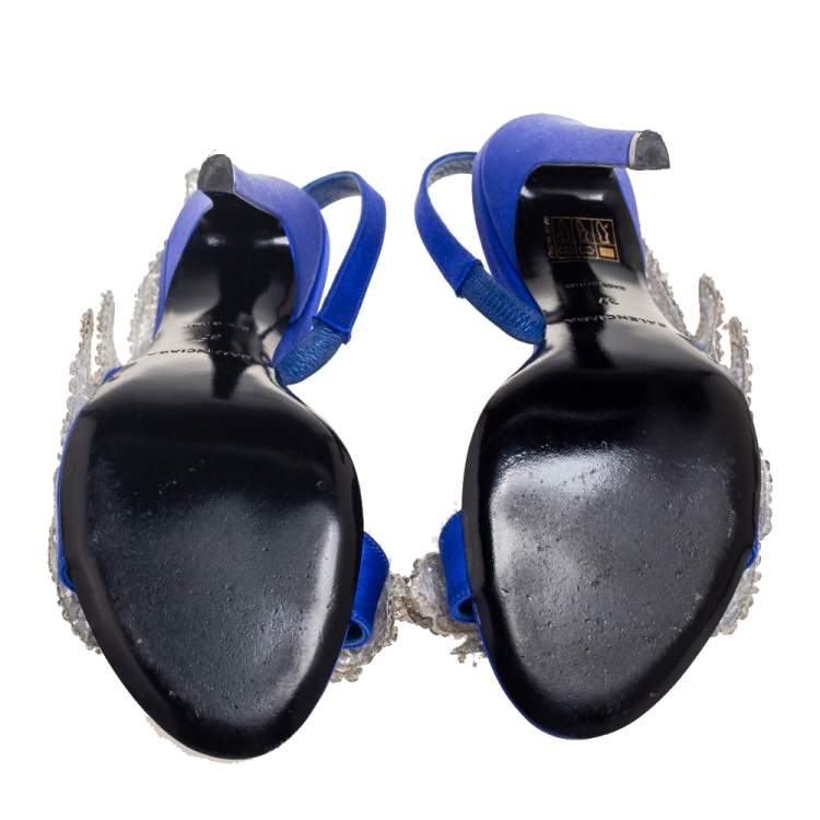 Pre Owned Balenciaga Blue Satin Crystal Embellished Slingback Sandals Size 37