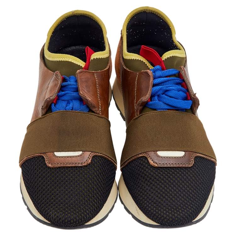 Pre Owned Balenciaga Multicolor Leather And Mesh Race Runner Low Top Sneakers Size 38