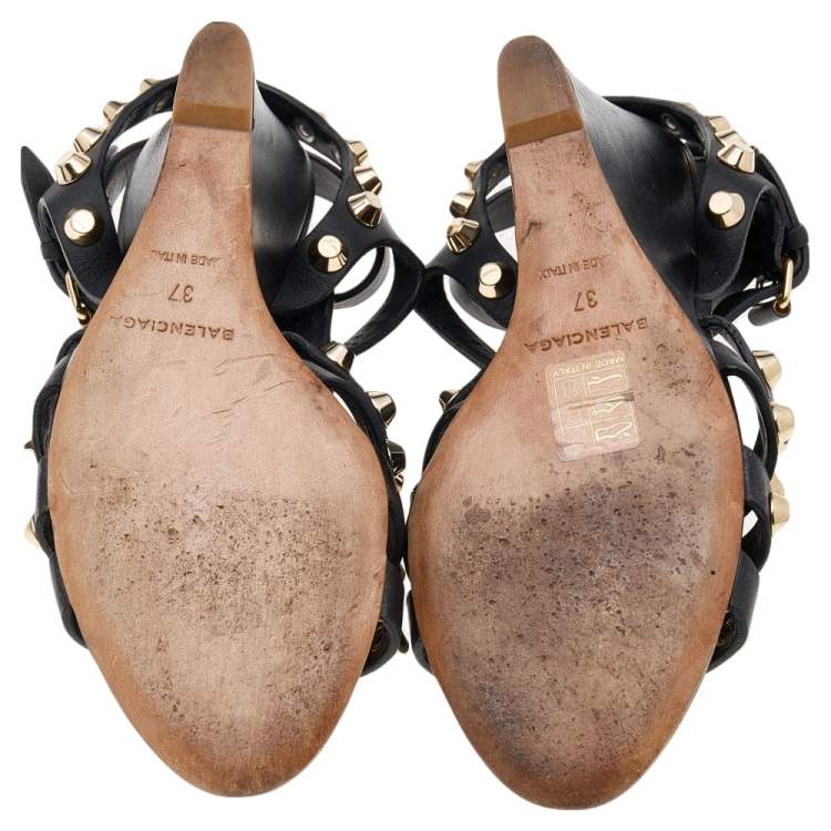 Pre Owned Balenciaga Black Leather Arena Wedge Sandals Size 37