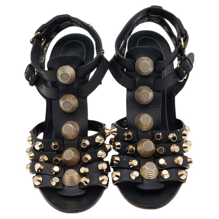 Pre Owned Balenciaga Black Leather Arena Wedge Sandals Size 37