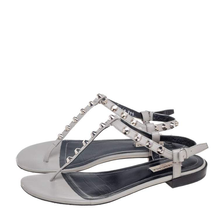Pre Owned Balenciaga Grey Studded Leather Arena Thong Flat Sandals Size 39.5