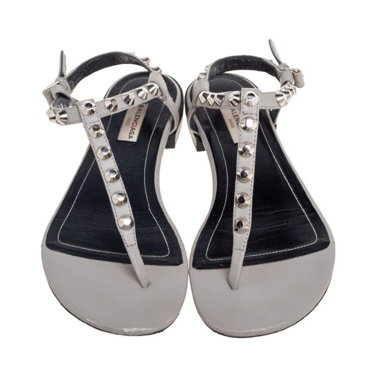Pre Owned Balenciaga Grey Studded Leather Arena Thong Flat Sandals Size 39.5