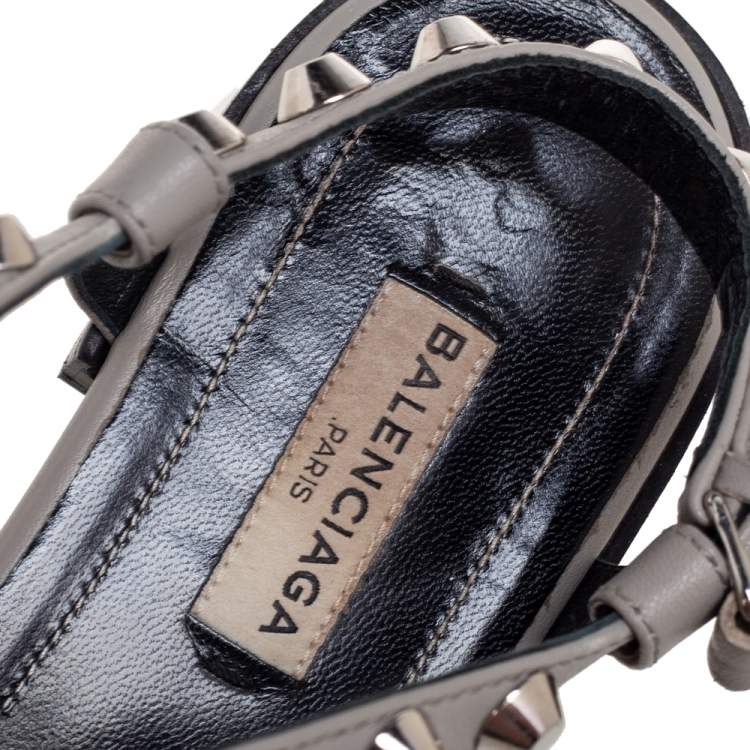 Pre Owned Balenciaga Grey Studded Leather Arena Thong Flat Sandals Size 39.5