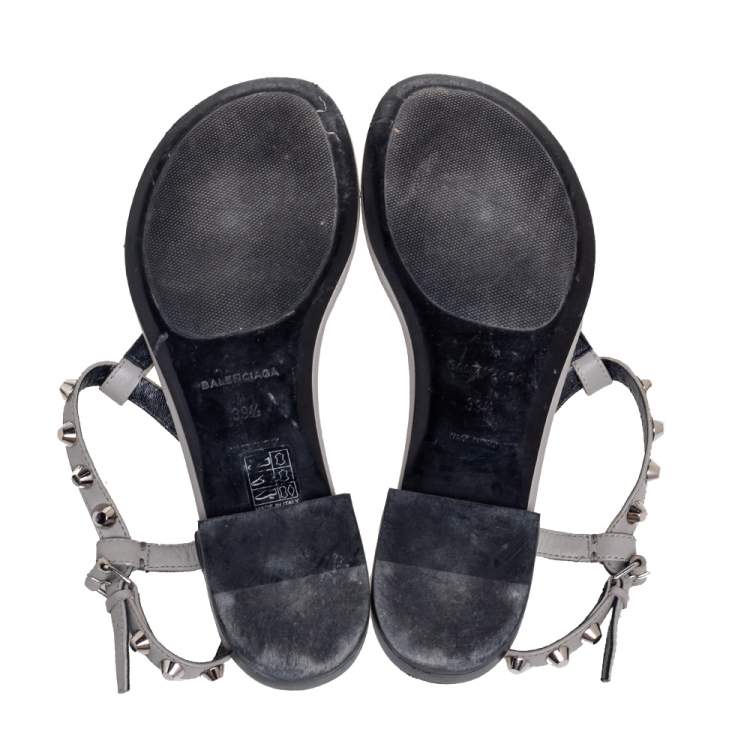 Pre Owned Balenciaga Grey Studded Leather Arena Thong Flat Sandals Size 39.5
