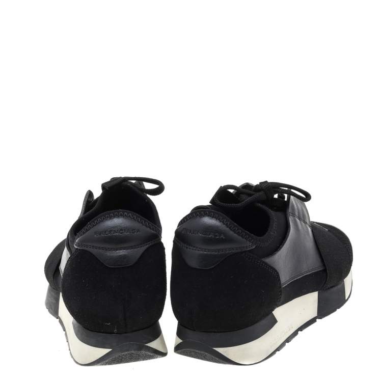Pre Owned Balenciaga Black Mesh And Leather Race Runner Low Top Sneakers Size 38