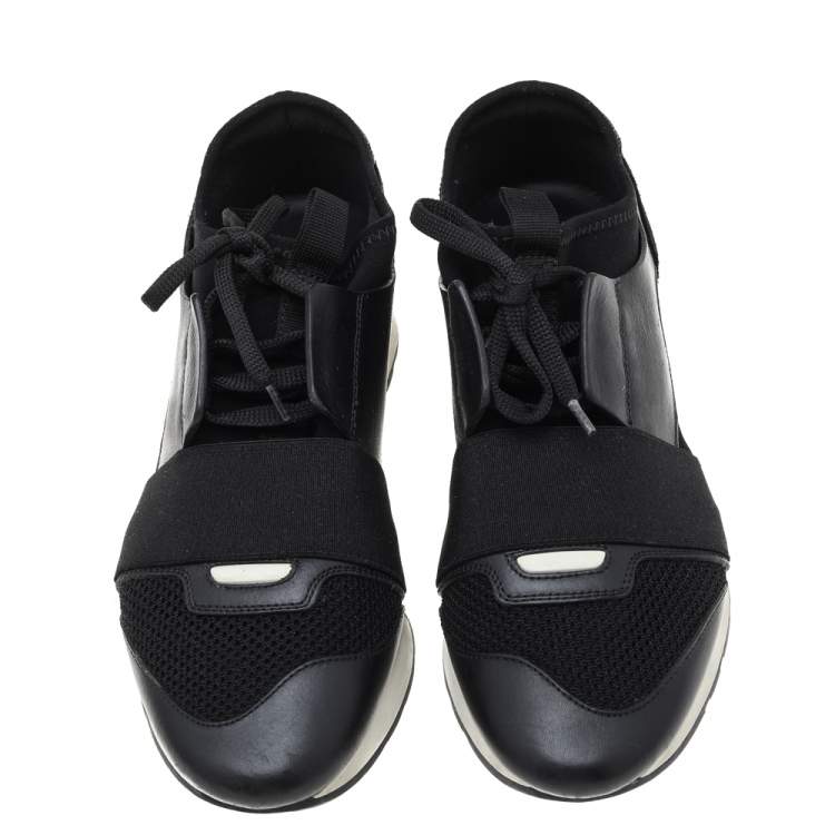 Pre Owned Balenciaga Black Mesh And Leather Race Runner Low Top Sneakers Size 38