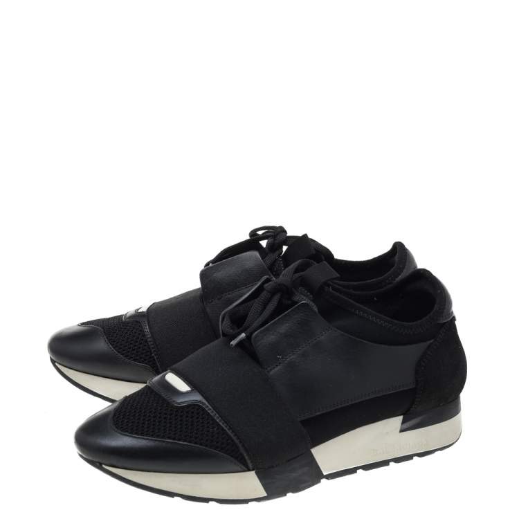 Pre Owned Balenciaga Black Mesh And Leather Race Runner Low Top Sneakers Size 38